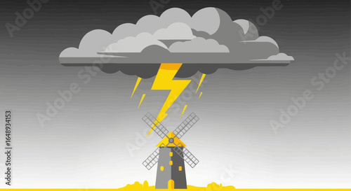 Cartoonish Mill In Stormy Weather With Lightning Striking Illustrative Artwork