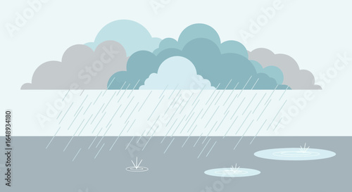 Cartoonish Rainstorm Weather Scene With Droplets And Clouds In Flat Style