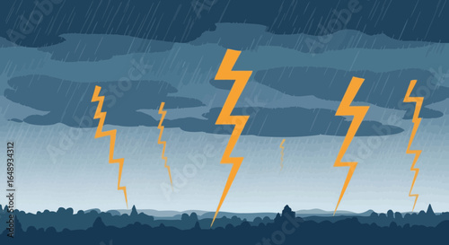 Cartoonish Thunderstorm Illustration With Flashes And Rain Over Silhouetted City