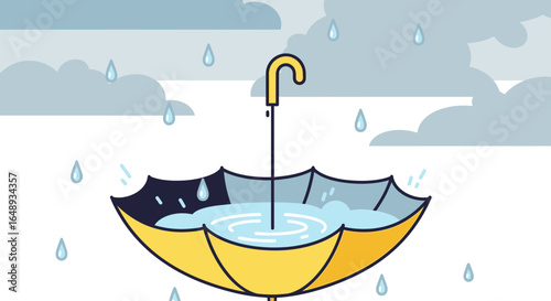 Cartoonish Umbrella Turned Upside Down Filled With Rainwater Under Cloudy Sky