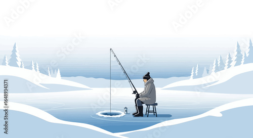 Cartoonish Winter Scene Of Man Fishing On Ice Surrounded By Snow Landscape