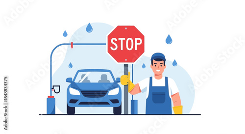 Carwash Attendant Directing the Process with a Stop Sign Graphic