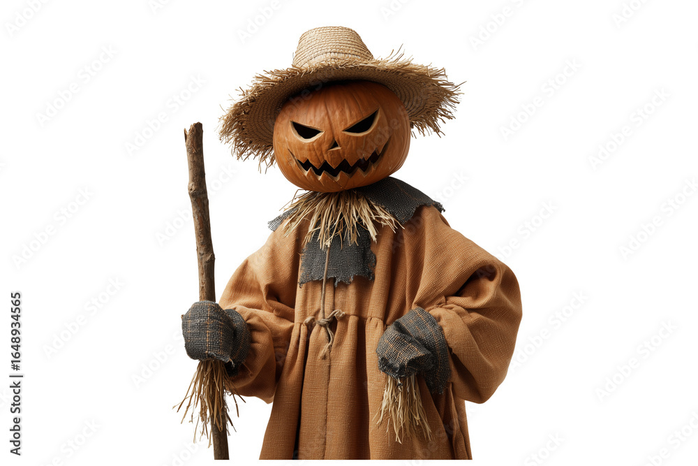 Obraz premium A Halloween scarecrow with evil pumpkin head, isolated on a transparent background.