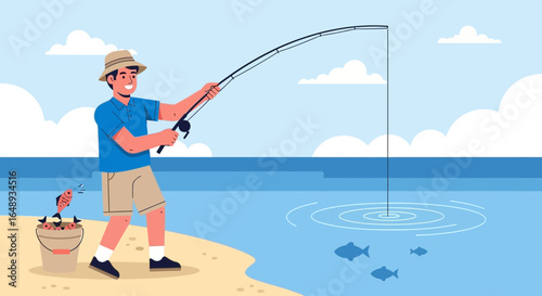 Catching Fish On The Beach With A Rod And Reel On Summer Vacation