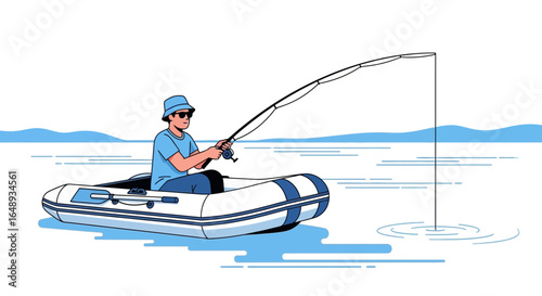 Catching Fish Peaceful Activity Man Fishing On Boat At River Illustration