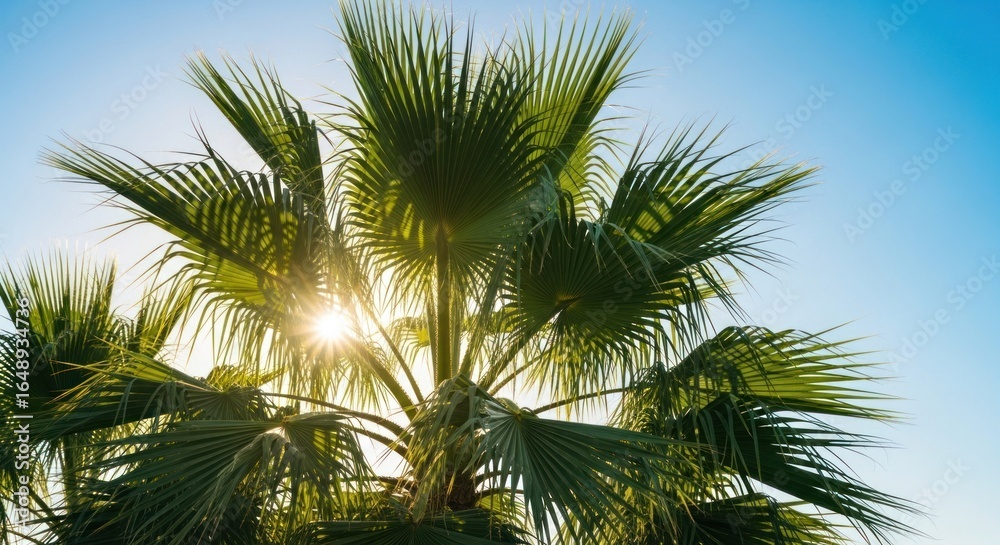 Fototapeta premium Palm tree crown bathed in sunlight