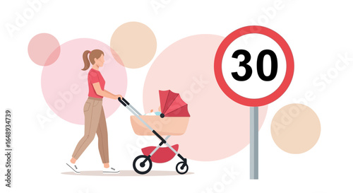Cautious Mother Strolling With Baby In Stroller Near 30 Speed Limit Sign