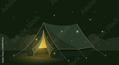 Camping under the stars: A peaceful night in nature's embrace with lit tent