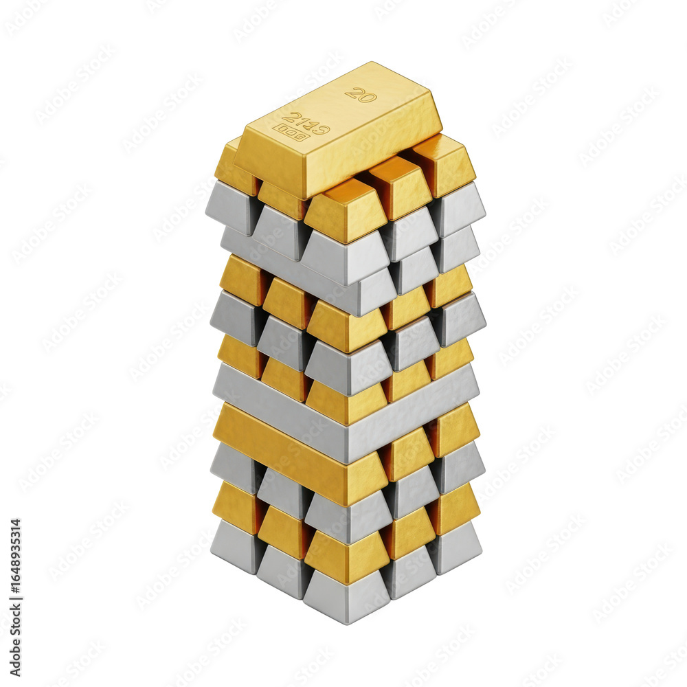 Fototapeta premium Gold and Silver Bar Stack Tower on Transparent Background