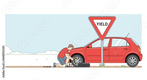 Changing A Flat Tire On A Red Car Next To A Yield Sign Graphic