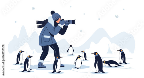 Capturing Antarctic Wonders Photographer Documenting Penguin Colony In Snowy Landscape