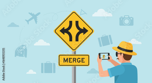 Capturing Crossroads Journey Diverging Paths Ahead Merge Point Vector Illustration