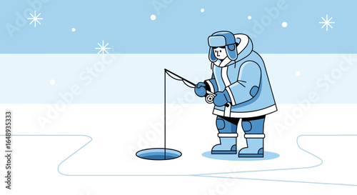 Character Enjoys Winter Activity With Ice Fishing In The Snowy Landscape