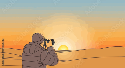 Capturing Desert Sunrise Photographer Silhouette in Warm Golden Light Tones