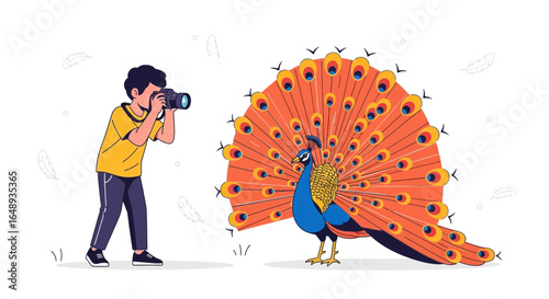 Capturing Exotic Beauty: Young Photographer Shooting a Majestic Peacock Display