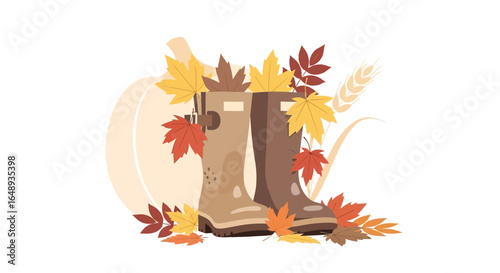Charming Autumnal Boots Surrounded By Vibrant Foliage And A Serene Pumpkin Backdrop