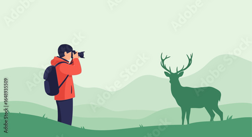 Capturing Nature Photographer Framing Wild Deer In Mountainous Environment