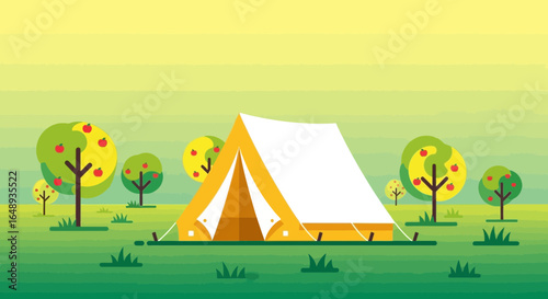 Charming Camping Landscape With Tent And Apple Trees Under A Clear Sky