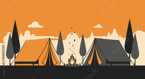 Charming Camping Scene With Tents Trees And Campfire Underneath Sky