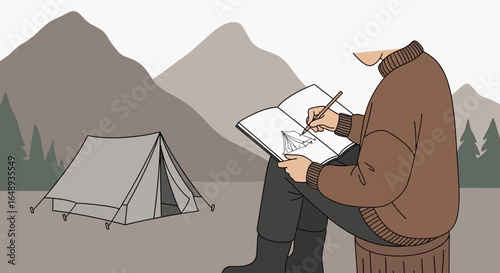 Capturing Serene Scenery Artist Sketching Nature in Camp Setting with Mountains
