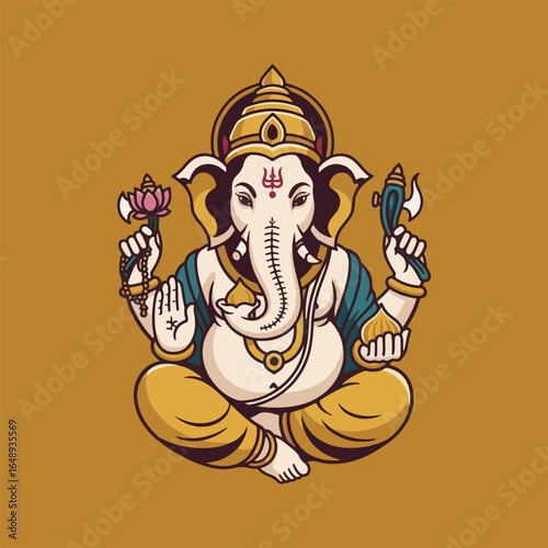 A stylized, seated depiction of Lord Ganesha, the Hindu elephant-headed deity, holding a lotus flower and an axe, against a warm, solid background.