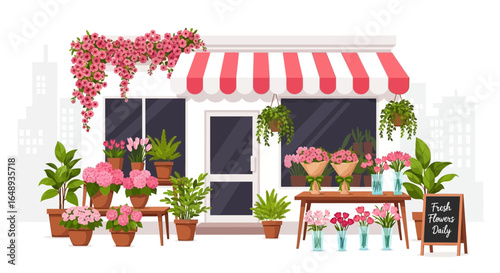 Charming Flower Shop Façade With Blooming Bouquets And Lush Green Plants