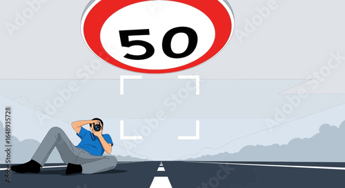 Capturing The Perfect Moment A Photographer Near Speed Limit Road Sign