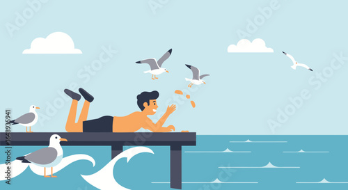 Carefree Summer Day: Man Relaxing and Feeding Seagulls on a Wooden Pier