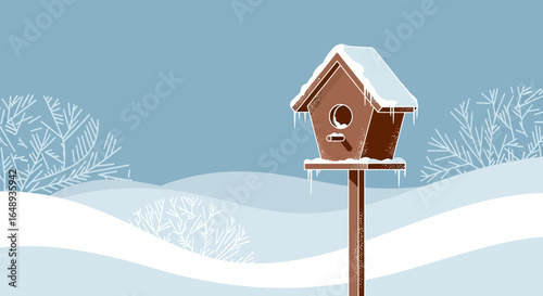 Charming Winter Birdhouse Nestled in a Snowy Landscape Illustration Graphic