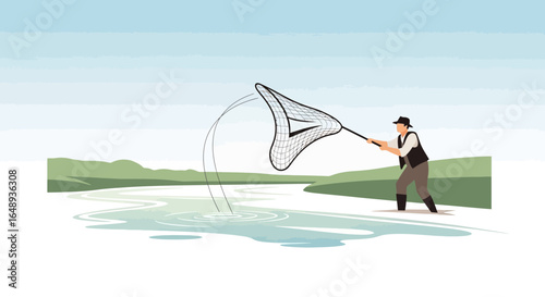 Cartoon Angler Fishing on Calm River with a Net Under Bright Sky