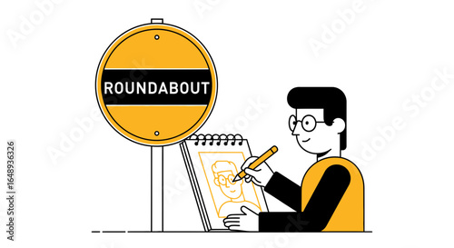 Cartoon Artist Drawing Near Roundabout Street Sign Creative Vector Illustration