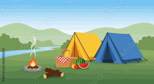 Cheerful Camping Adventure With Campfire, Tents And Picnic In The Summer Day