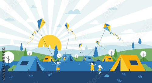 Cheerful Camping Scene With Kites And Tents On A Sunny Day Illustration
