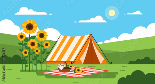 Cheerful Camping Scene With Sunflowers And Picnic In A Summery Landscape