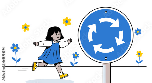 Cheerful Child Navigating a Playful Road With a Roundabout Sign Illustration