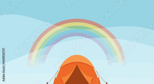Cartoon Camping Adventure Under The Rainbow On Blue Sky Background Landscape