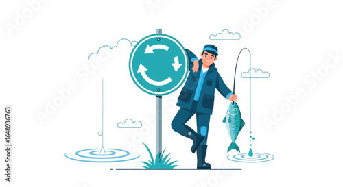 Cheerful Fisherman Caught a Fish Cartoon Near Recycling Sign Concept