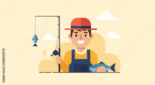 Cheerful Fisherman Holding Catch And Fishing Rod Outdoors Illustration