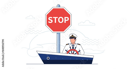 Cartoon Captain Receiving a Stop Sign at Sea Requires Navigation Attention