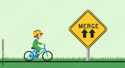 Cartoon Cyclist Approaching Merge Sign Represents Traffic Safety and Guidance