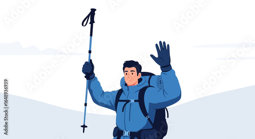 Cheerful Hiker Reaching Mountain Summit With Trekking Pole and Backpack