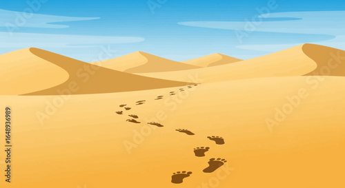 Cartoon Desert Landscape With Footprints Leading Toward Sand Dunes Path