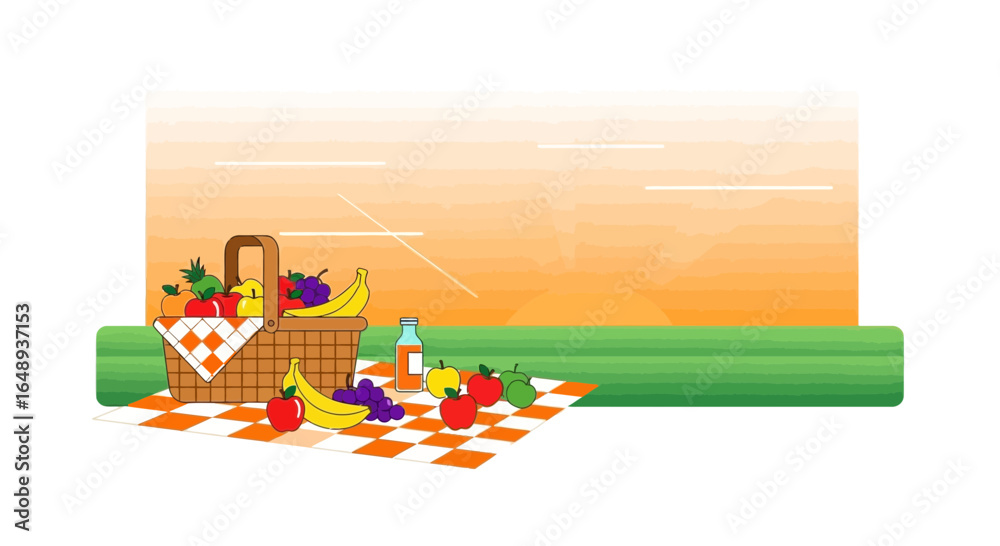 Obraz premium Cheerful Picnic Scene Vector Illustration With Fruit Basket On Blanket
