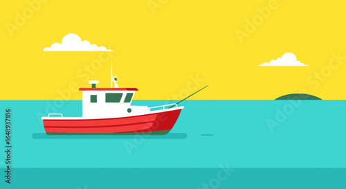 Cartoon fishing boat on the ocean with clouds under the bright yellow sky ready for a peaceful sailing day