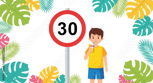 Cheerful Summer Illustration Featuring Boy Refreshing With Juice Beside Speed Limit Sign