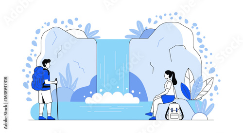 Cartoon hikers enjoying the view near a waterfall in a stylized outdoors scene showcasing vacation activities and outdoor adventures