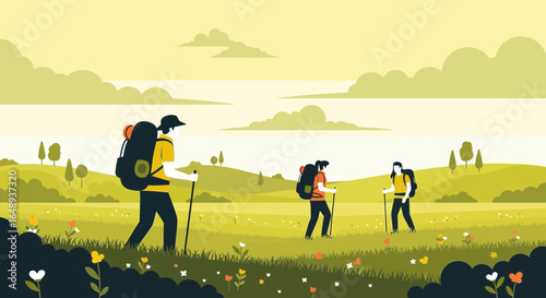 Cartoon hikers enjoying nature with backpacks and trekking poles in a green field scene full of flowers