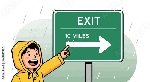 Cheerful Traveler Points To Exit Sign During Rainy Weather Adventure
