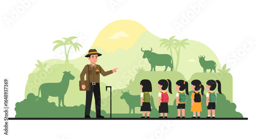 Cartoon illustration depicting a park ranger guiding a group of children on a tour