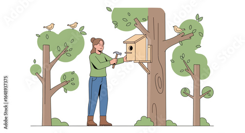 Cheerful Woman Building New Birdhouse In Green Forest On Summer Day